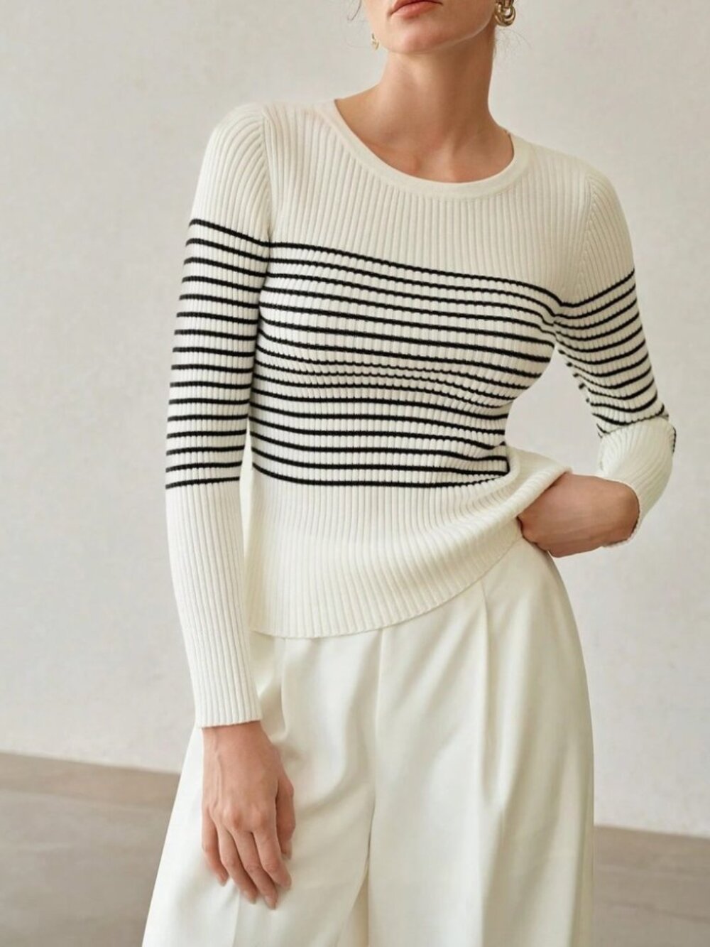 Cream Ribbed Knit Black Striped Crew Neck Sweater